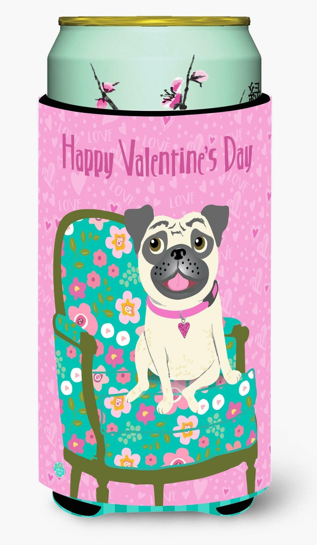 Happy Valentine&#39;s Day Pug Tall Boy Beverage Insulator Hugger VHA3002TBC by Caroline&#39;s Treasures
