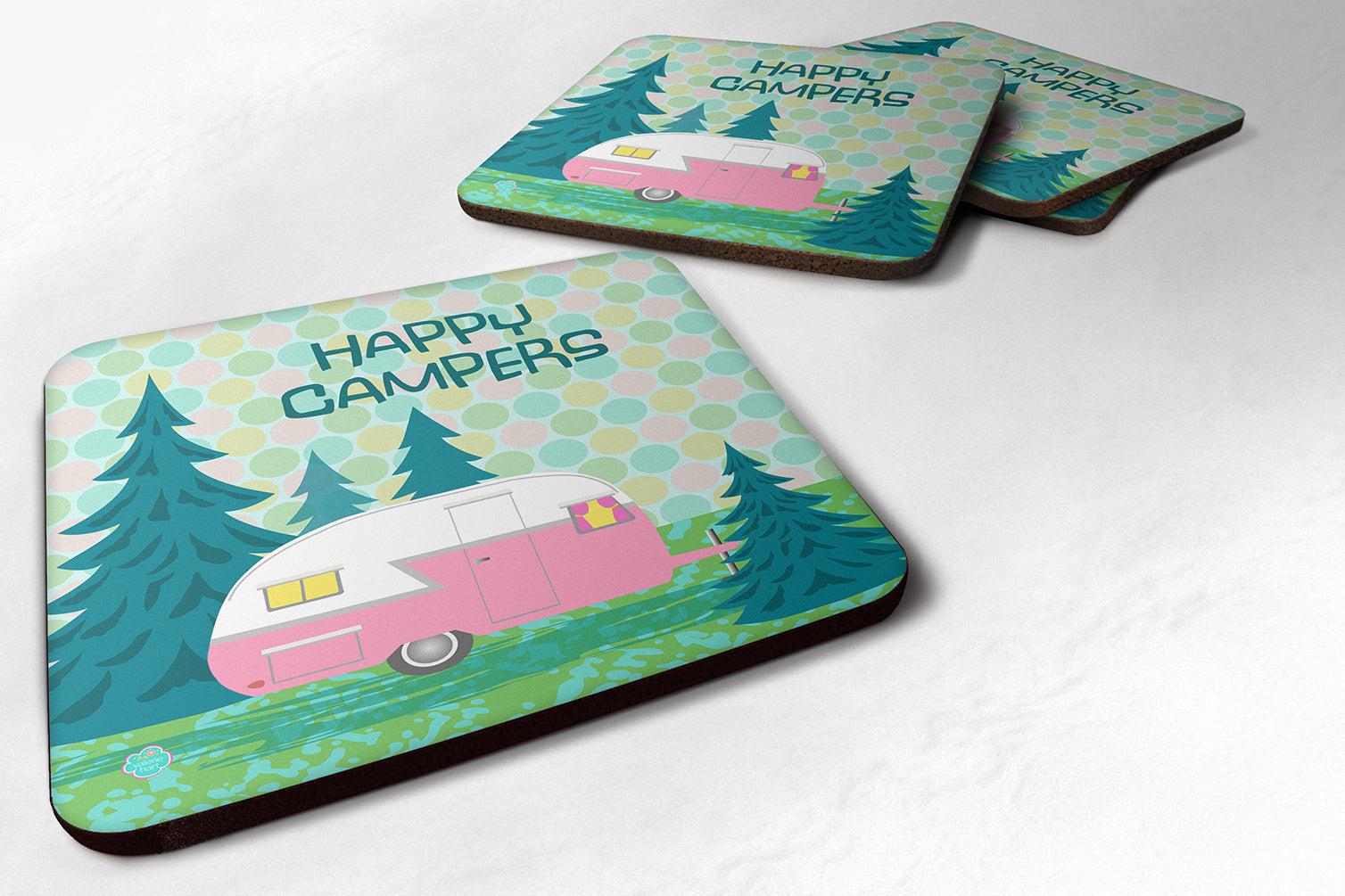 Set of 4 Happy Campers Glamping Trailer Foam Coasters VHA3004FC - the-store.com