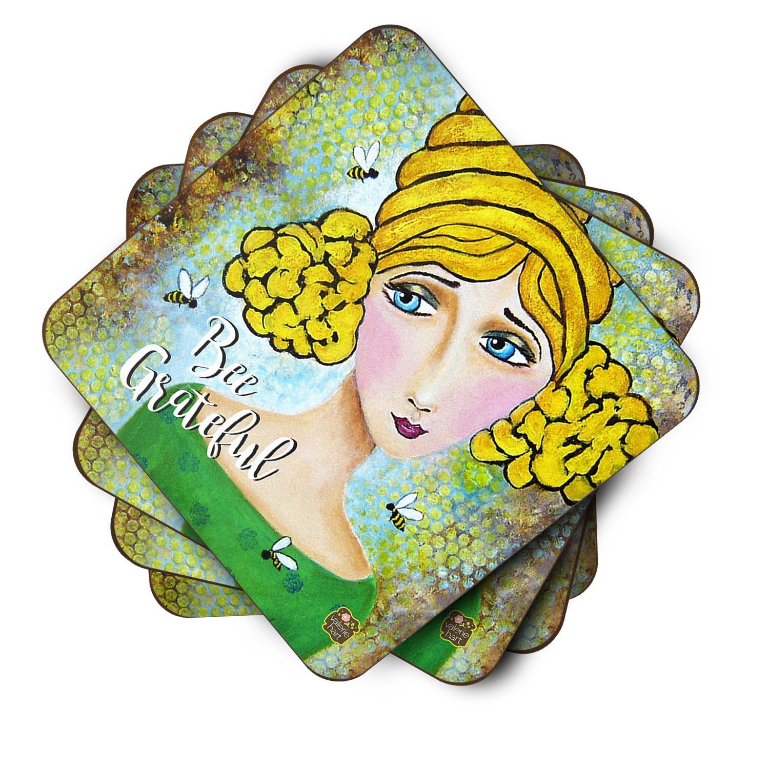 Caroline's Treasures Bee Grateful Girl with Beehive Coasters - Set of 4 Lightweight Foam, Absorbent Drink Coasters VHA3008FC