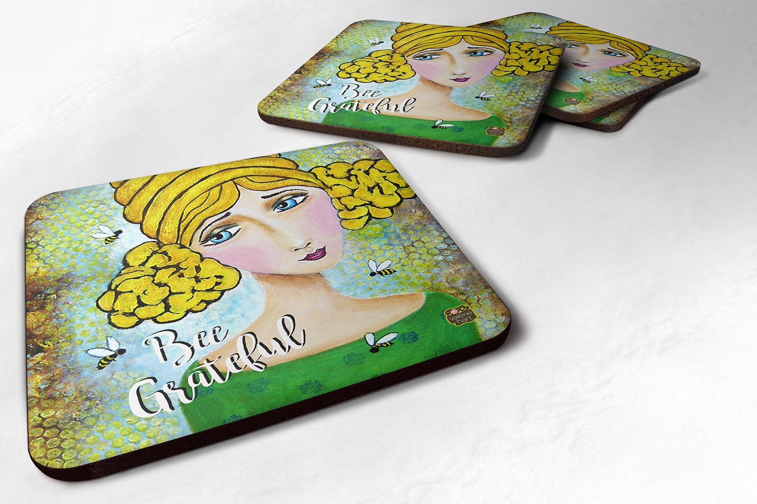 Set of 4 Bee Grateful Girl with Beehive Foam Coasters VHA3008FC - the-store.com