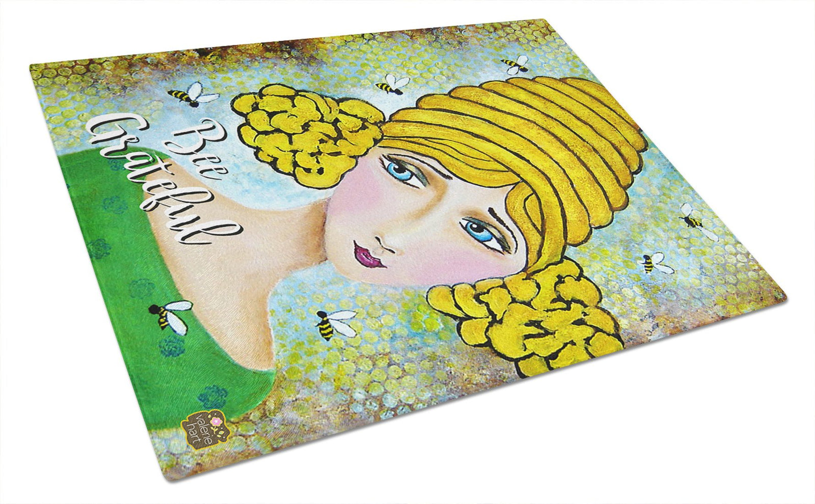 Bee Grateful Girl with Beehive Glass Cutting Board Large VHA3008LCB by Caroline's Treasures