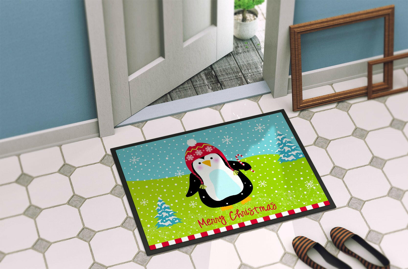Merry Christmas Happy Penguin Indoor or Outdoor Mat 24x36 VHA3015JMAT - the-store.com