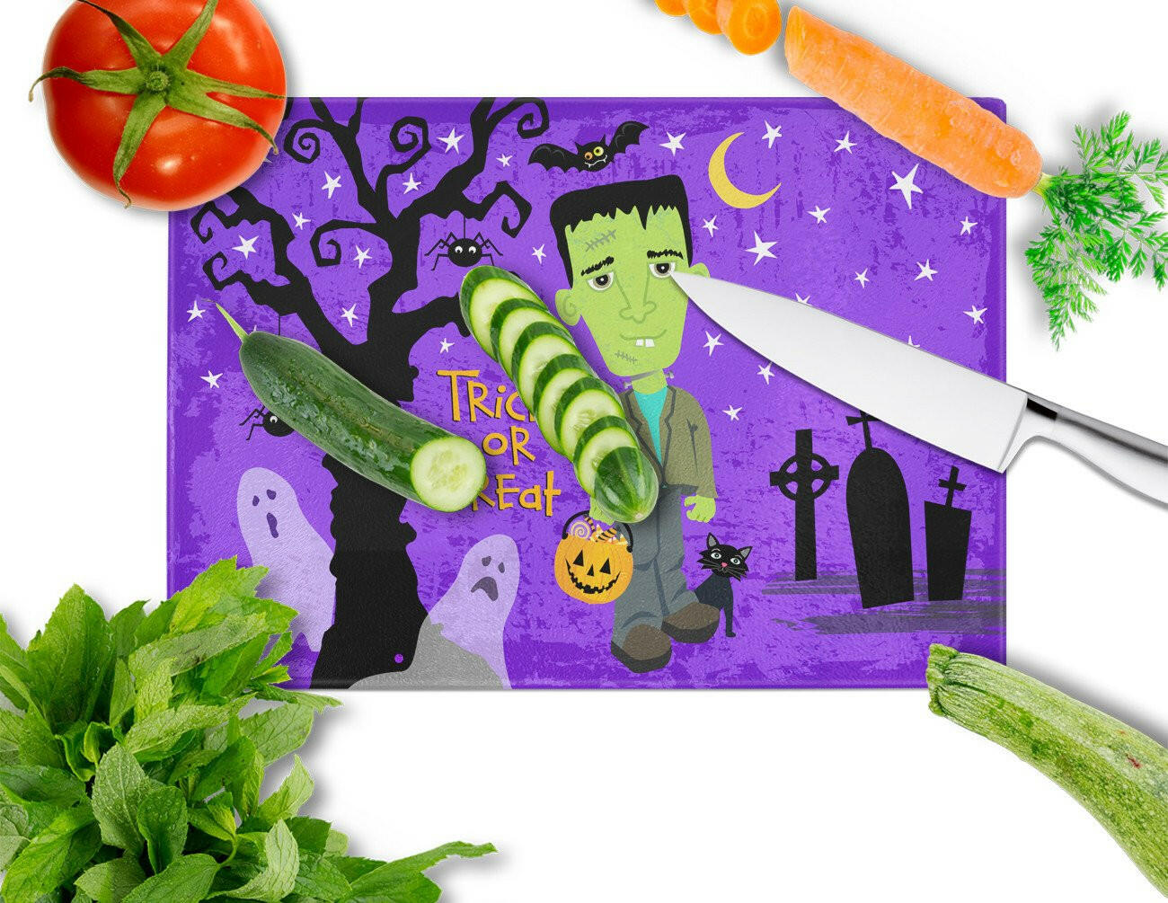 Caroline's Treasures Halloween Frankie Frankenstein Glass Cutting Boards – Durable, Decorative Kitchen Art Large VHA3021LCB