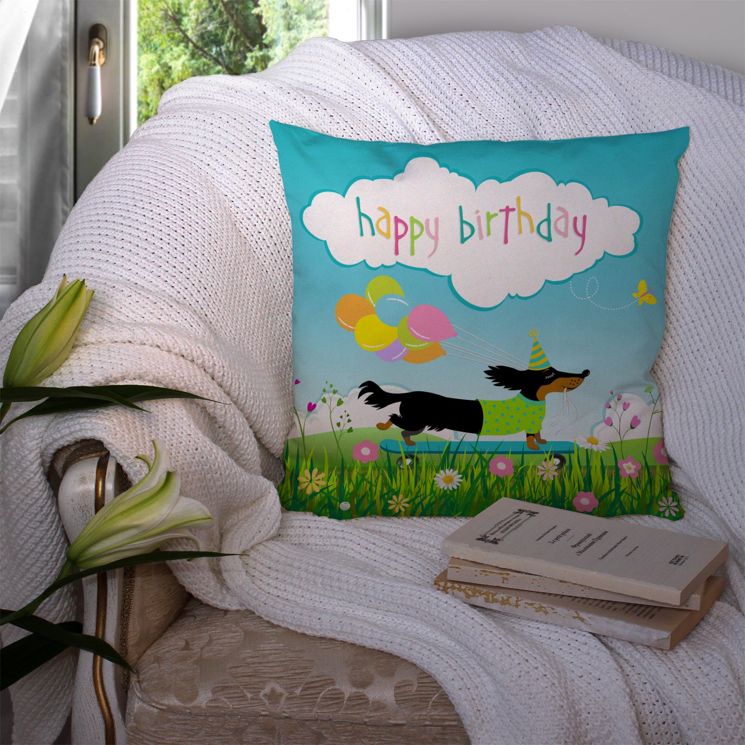 Happy Birthday Dachshund Fabric Decorative Pillow VHA3029PW1414 - the-store.com