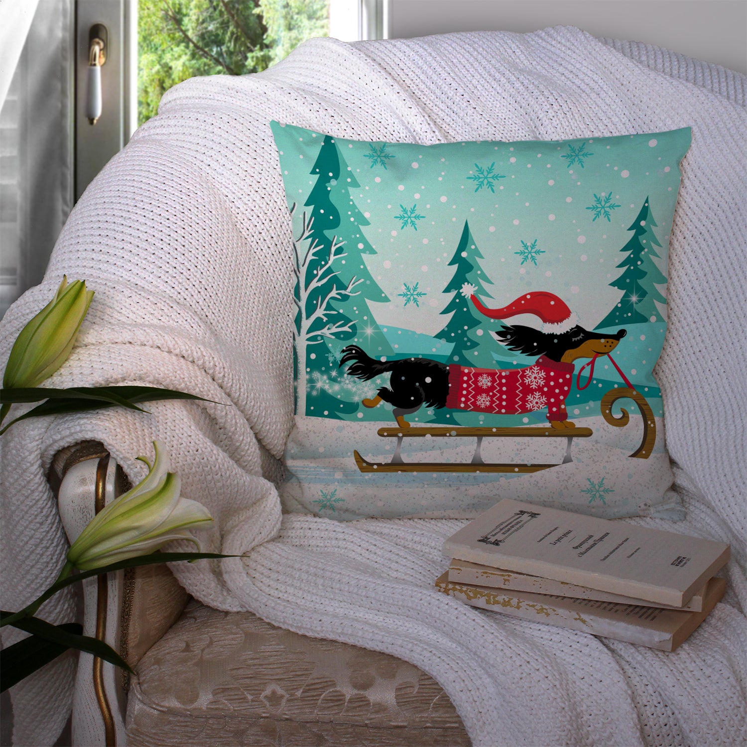 Merry Christmas Dachshund Fabric Decorative Pillow VHA3030PW1414 - the-store.com