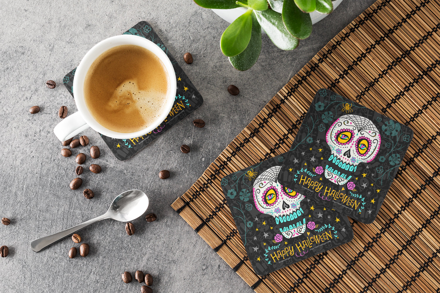 Happy Halloween Day of the Dead Foam Coaster Set of 4 VHA3035FC - the-store.com