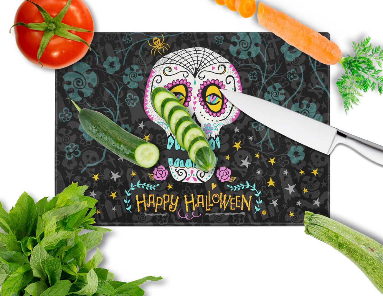 Happy Halloween Day of the Dead Glass Cutting Board Large VHA3035LCB by Caroline's Treasures