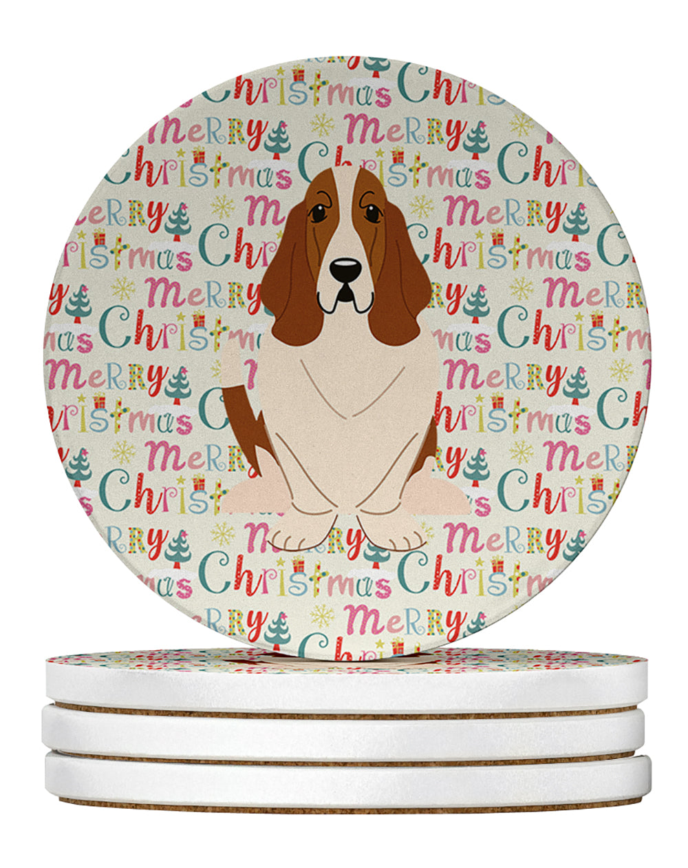 Buy this Merry Christmas Basset Hound Large Sandstone Coasters Pack of 4