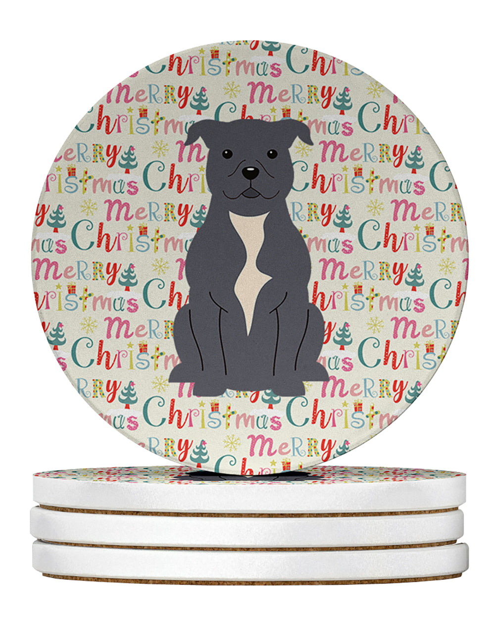 Buy this Merry Christmas Staffordshire Bull Terrier Blue Large Sandstone Coasters Pack of 4