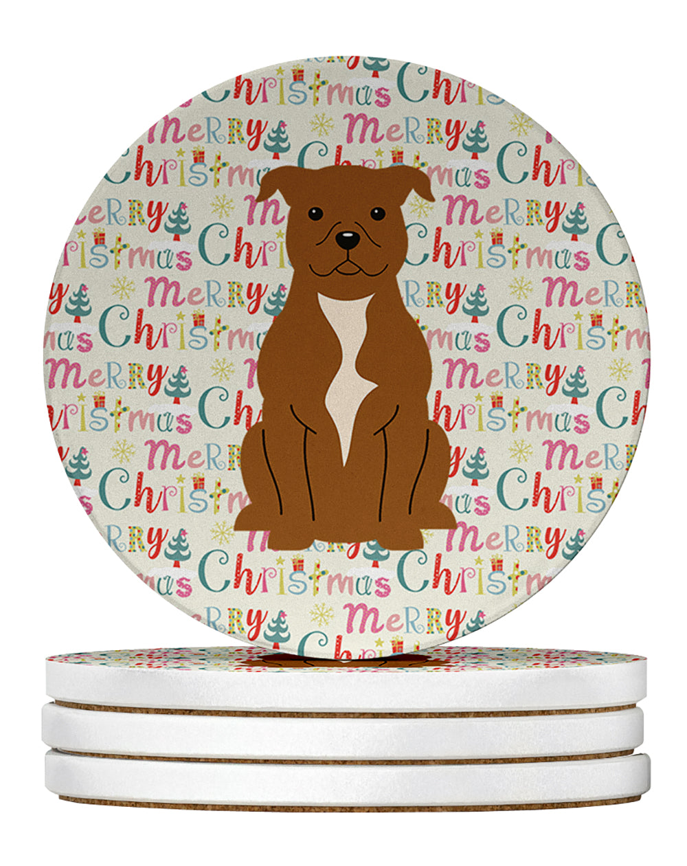 Buy this Merry Christmas Staffordshire Bull Terrier Brown Large Sandstone Coasters Pack of 4