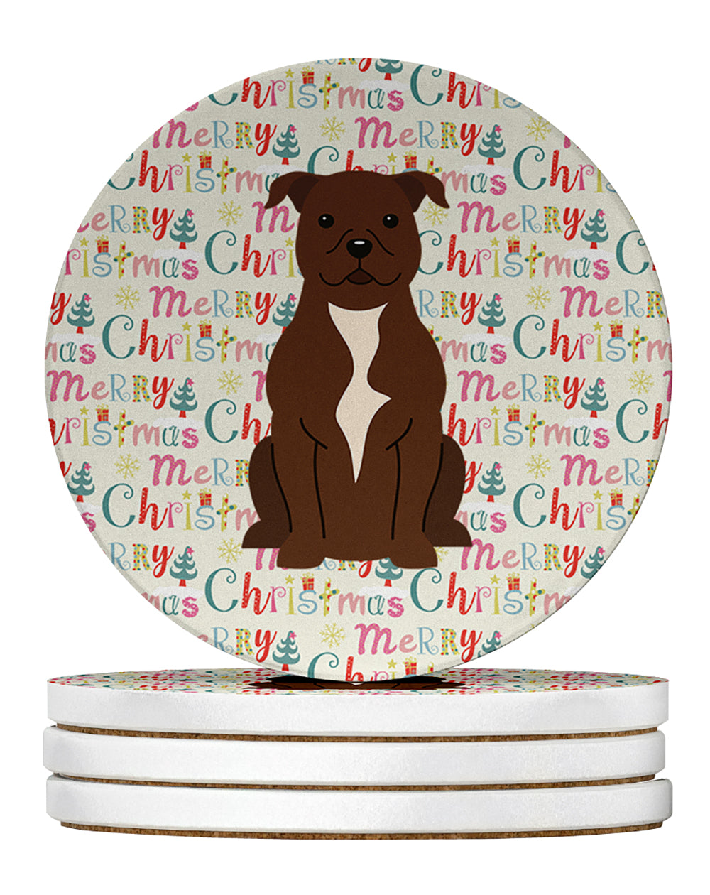 Buy this Merry Christmas Staffordshire Bull Terrier Chocolate Large Sandstone Coasters Pack of 4
