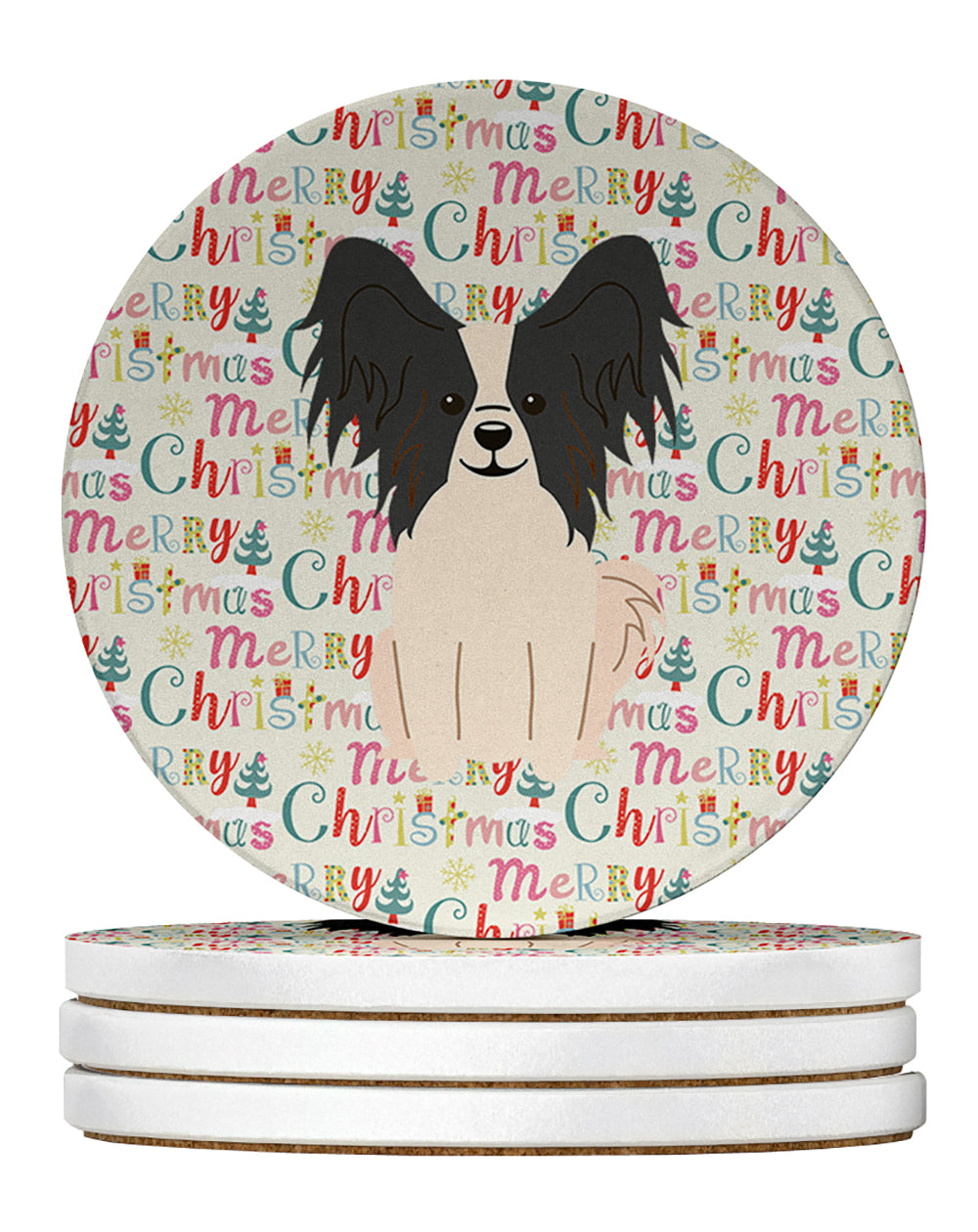 Buy this Merry Christmas Papillon Black White Large Sandstone Coasters Pack of 4