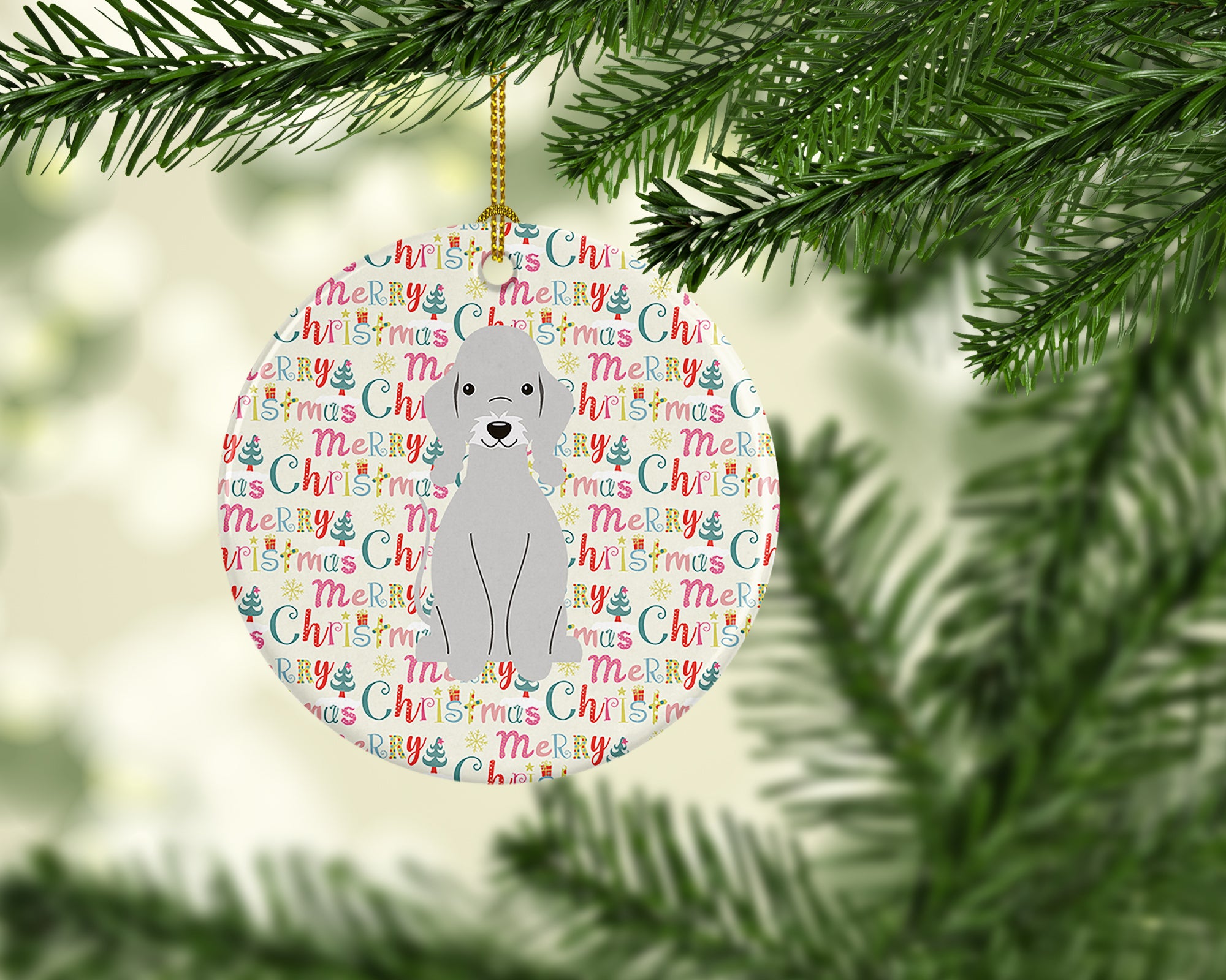 Merry Christmas Bedlington Terrier Blue Ceramic Ornament - the-store.com