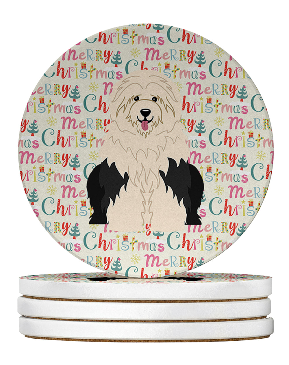 Buy this Merry Christmas Old English Sheepdog Large Sandstone Coasters Pack of 4
