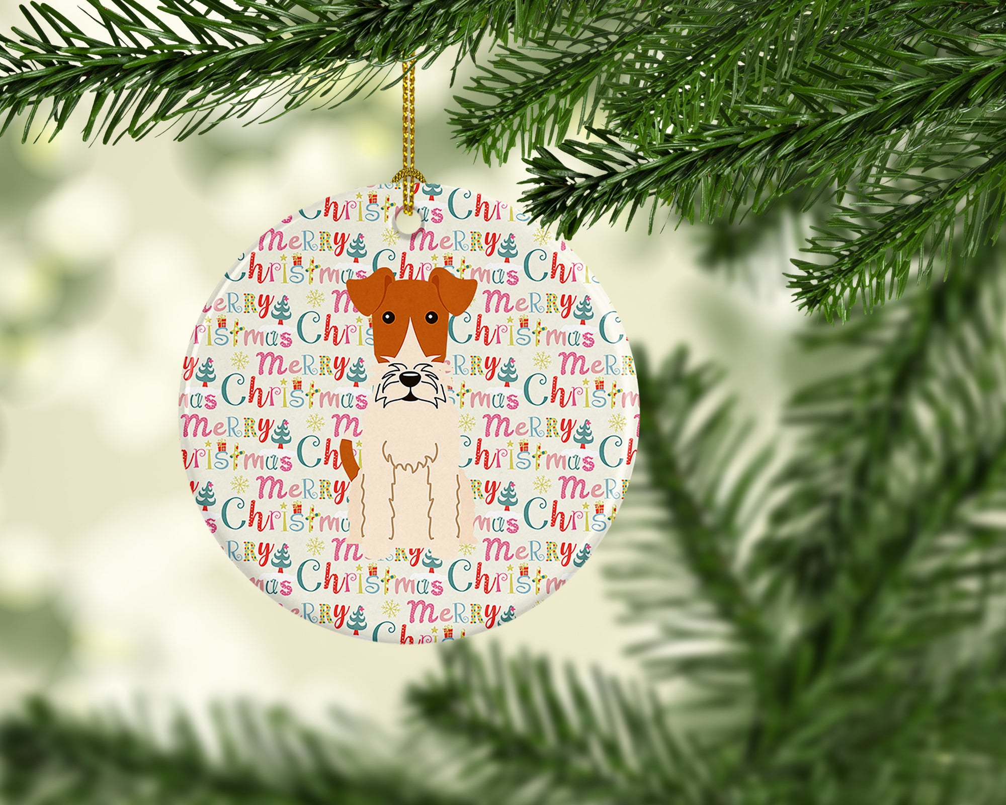 Merry Christmas Wire Fox Terrier Ceramic Ornament - the-store.com
