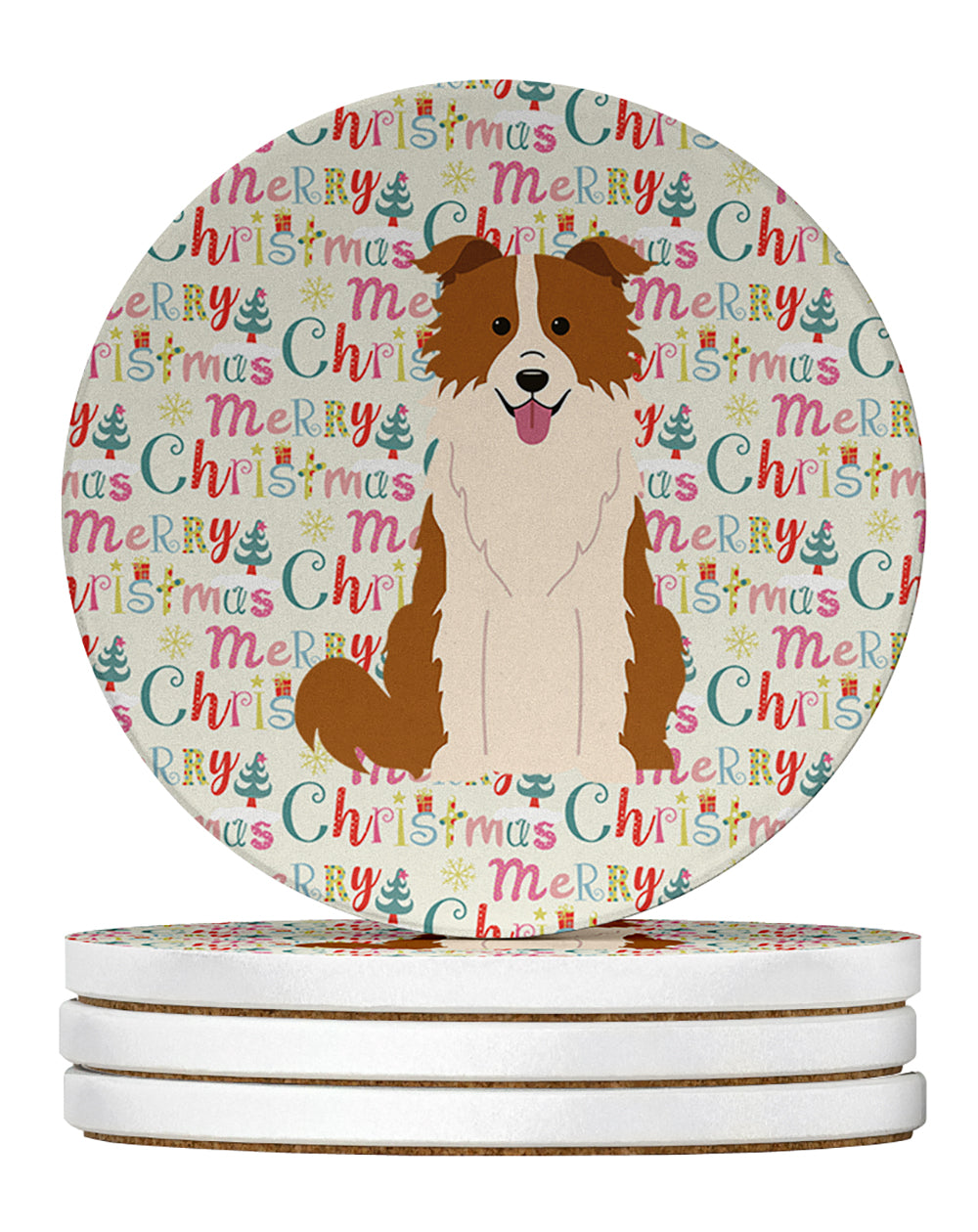 Buy this Merry Christmas Border Collie Red White Large Sandstone Coasters Pack of 4