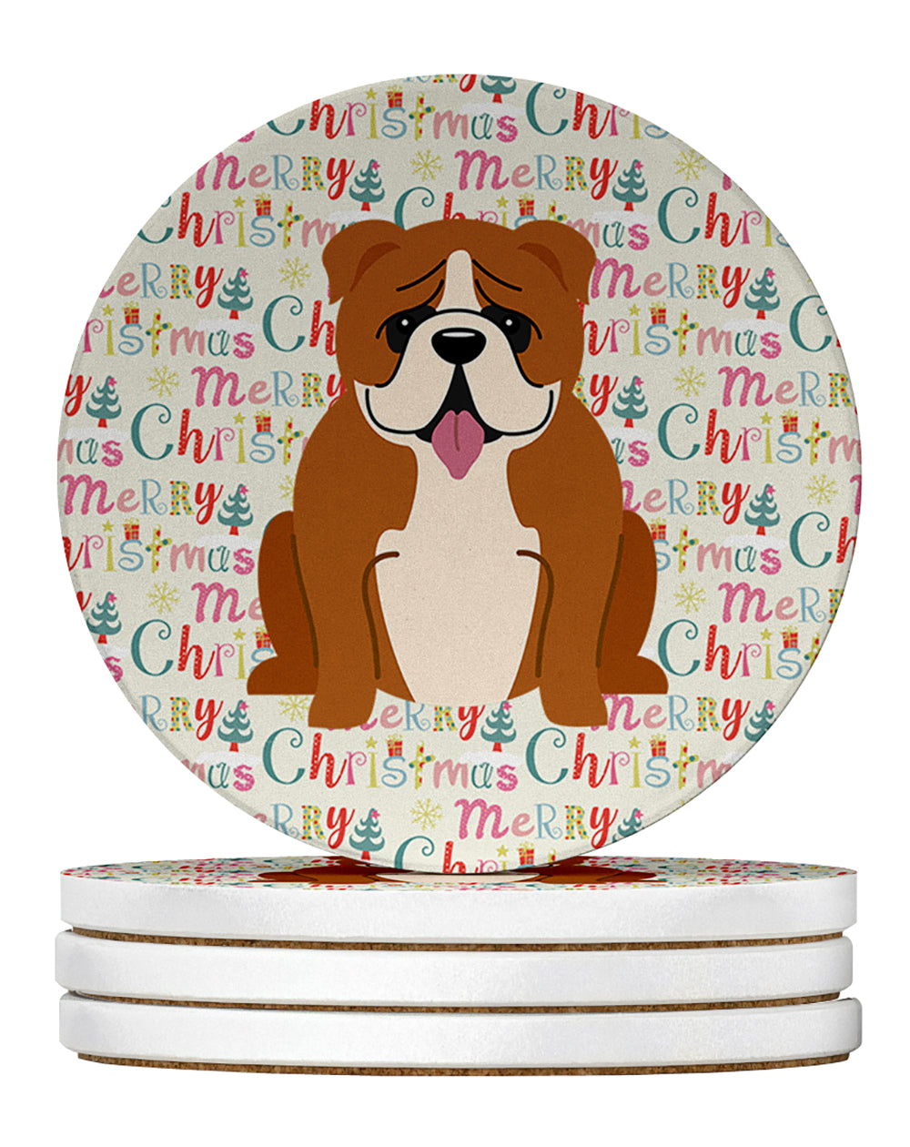 Caroline's Treasures Merry Christmas English Bulldog Red White Large Sandstone Coasters Pack of 4