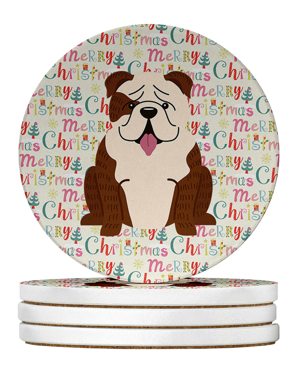 Buy this Merry Christmas English Bulldog Brindle White Large Sandstone Coasters Pack of 4
