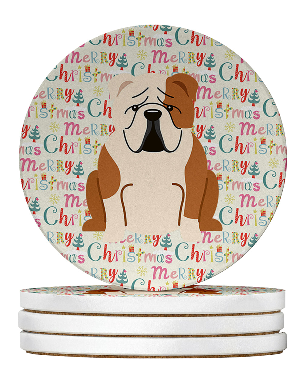 Buy this Merry Christmas English Bulldog Fawn White Large Sandstone Coasters Pack of 4