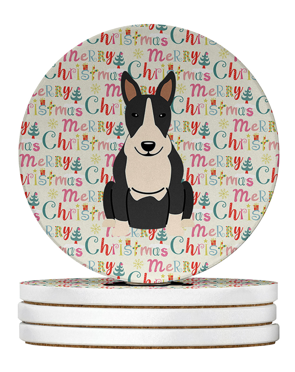 Buy this Merry Christmas Bull Terrier Black White Large Sandstone Coasters Pack of 4