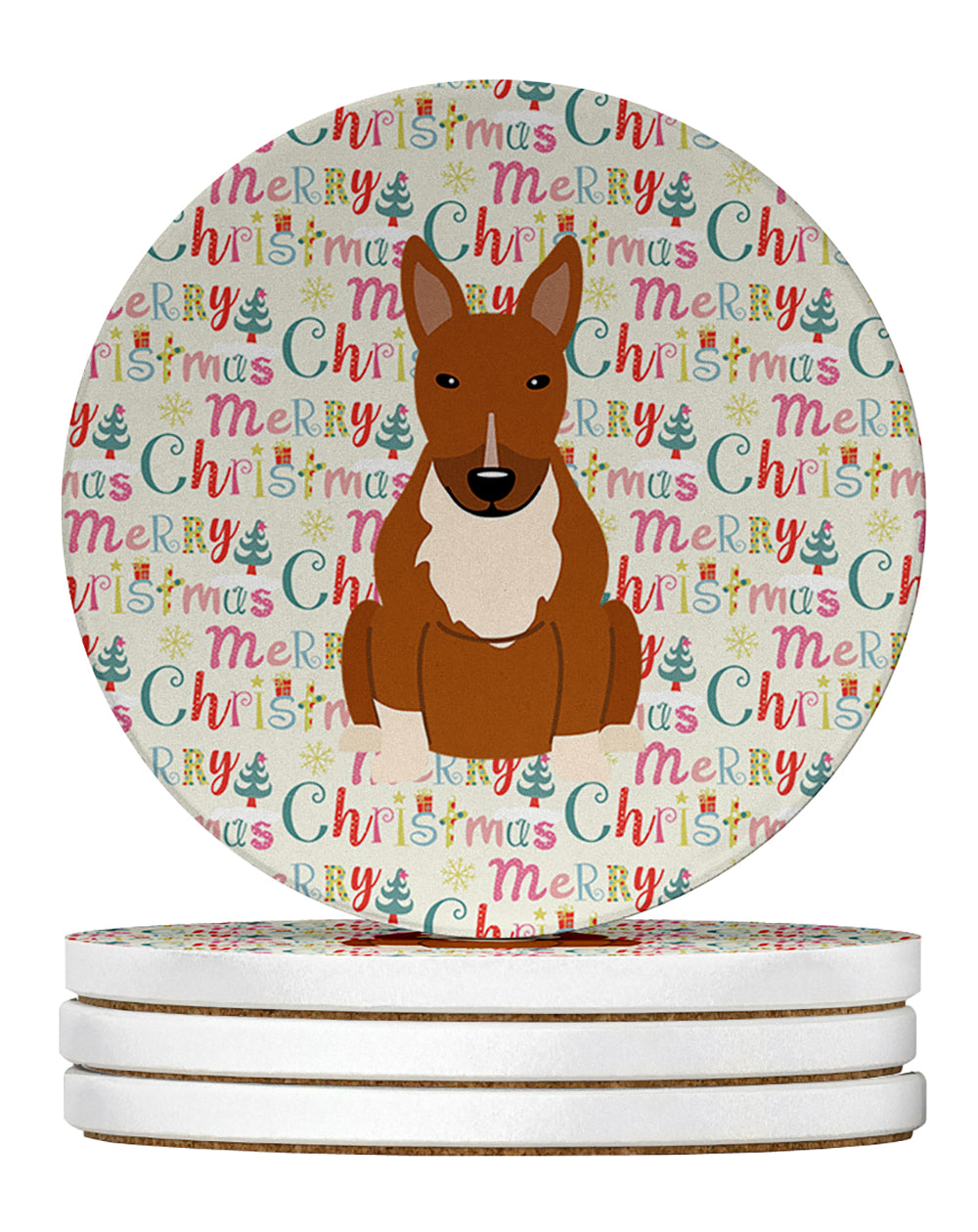 Buy this Merry Christmas Bull Terrier Red Large Sandstone Coasters Pack of 4