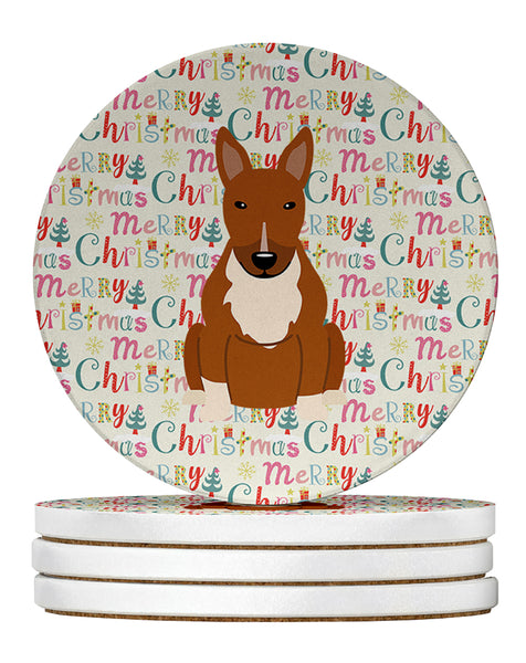 Buy this Merry Christmas Bull Terrier Red Large Sandstone Coasters Pack of 4