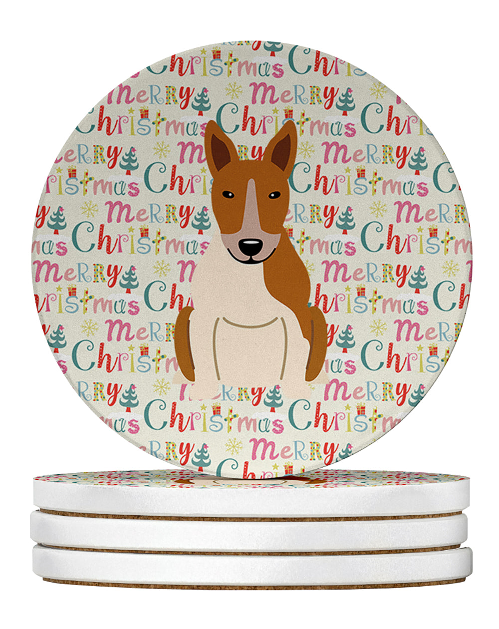 Buy this Merry Christmas Bull Terrier Red White Large Sandstone Coasters Pack of 4