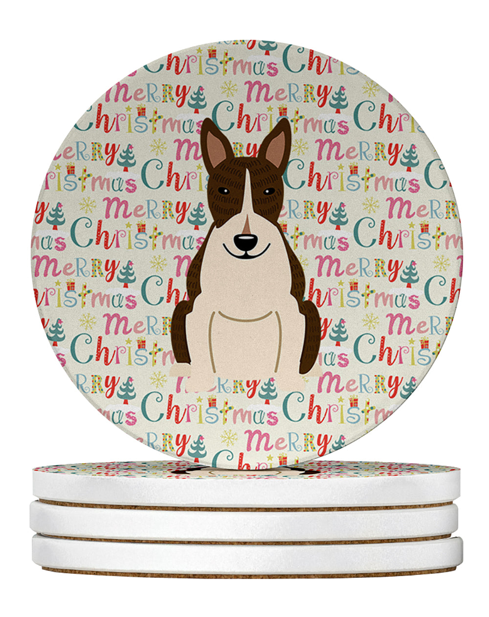 Buy this Merry Christmas Bull Terrier Dark Brindle Large Sandstone Coasters Pack of 4