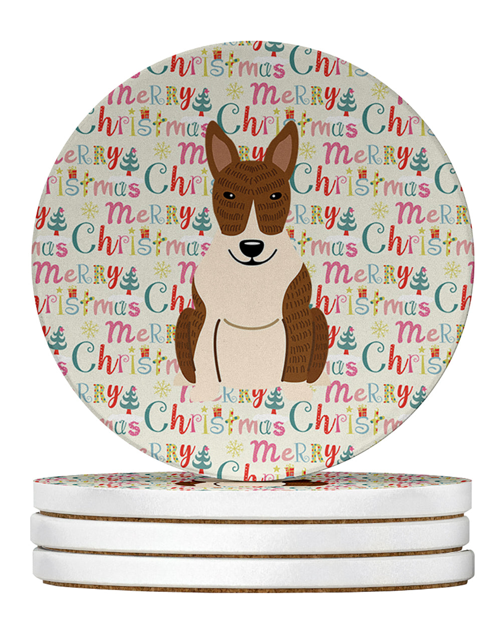 Buy this Merry Christmas Bull Terrier Brindle Large Sandstone Coasters Pack of 4