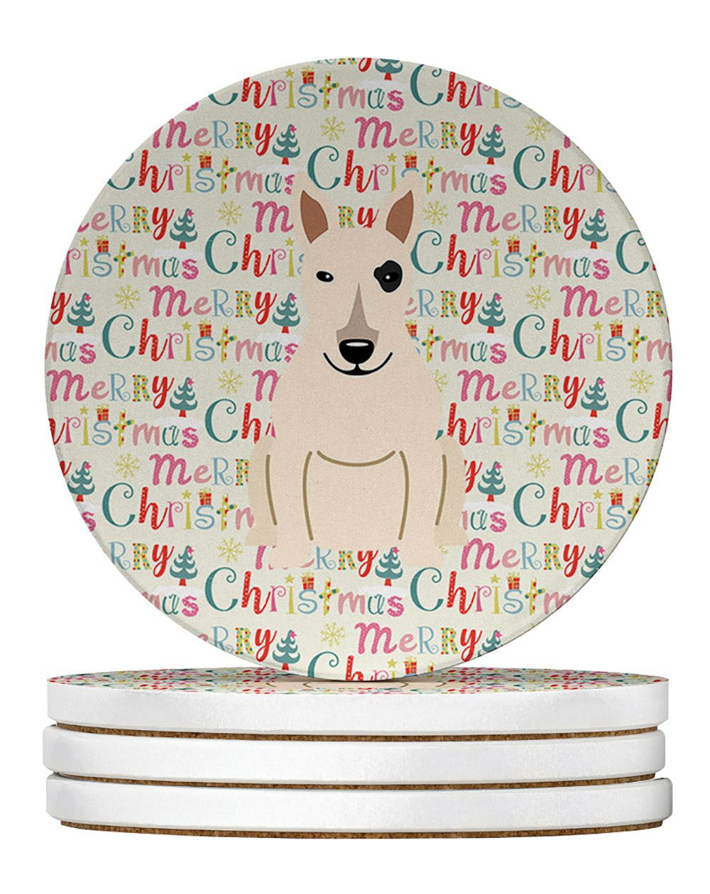 Buy this Merry Christmas Bull Terrier White Large Sandstone Coasters Pack of 4