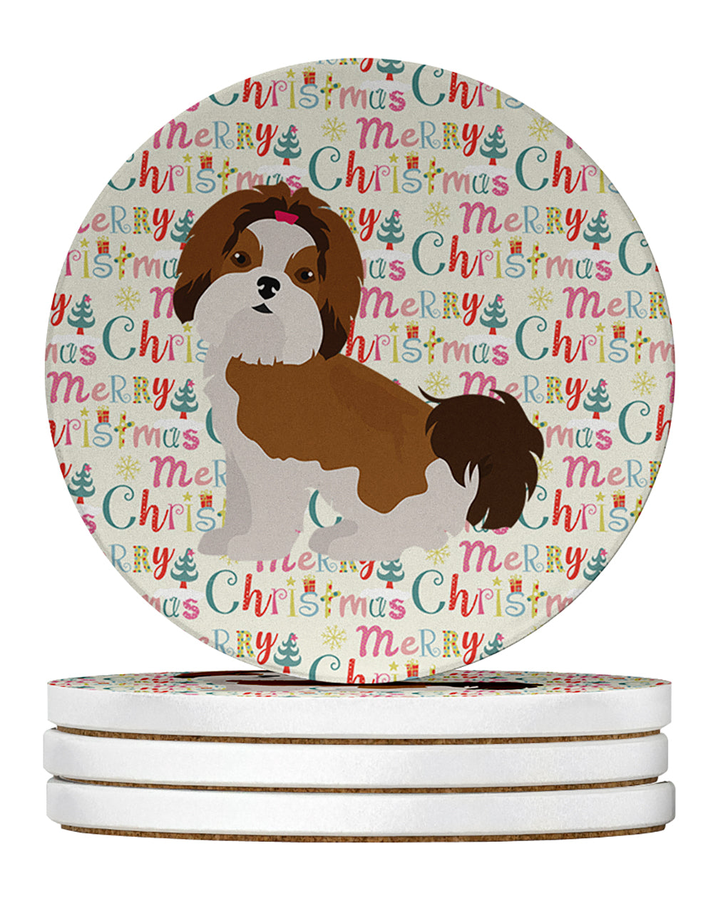 Caroline's Treasures Imperial Shih Tzu Puppy Cut Merry Christmas Large Sandstone Coasters Pack of 4