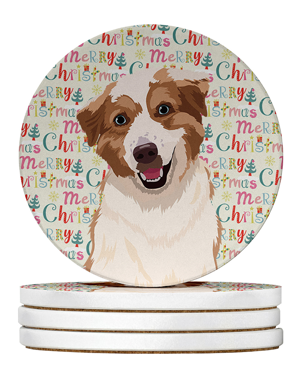 Buy this Australian Shepherd Red and White #1 Christmas Large Sandstone Coasters Pack of 4