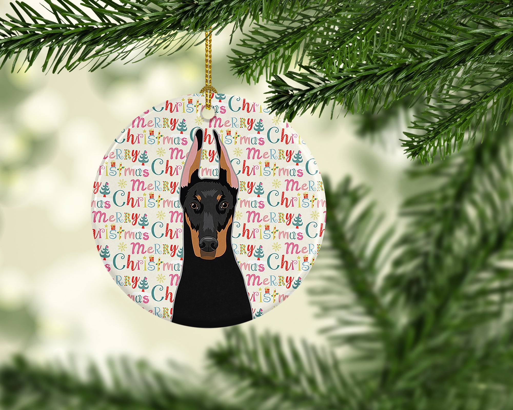 Buy this Doberman Pinscher Black and Rust Cropped Ears Christmas Ceramic Ornament