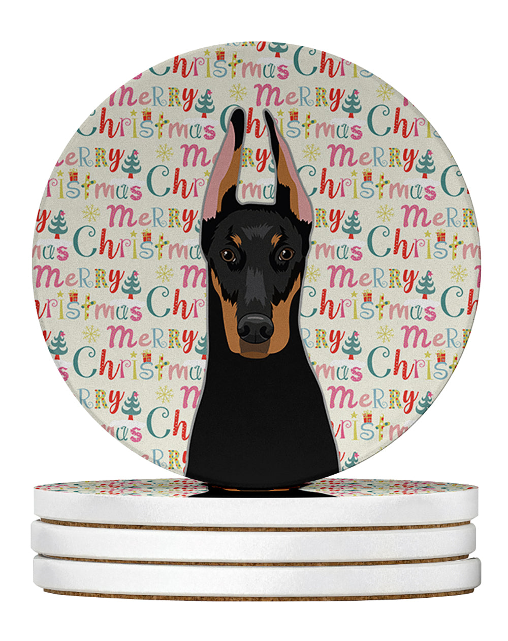 Buy this Doberman Pinscher Black and Rust Cropped Ears Christmas Large Sandstone Coasters Pack of 4