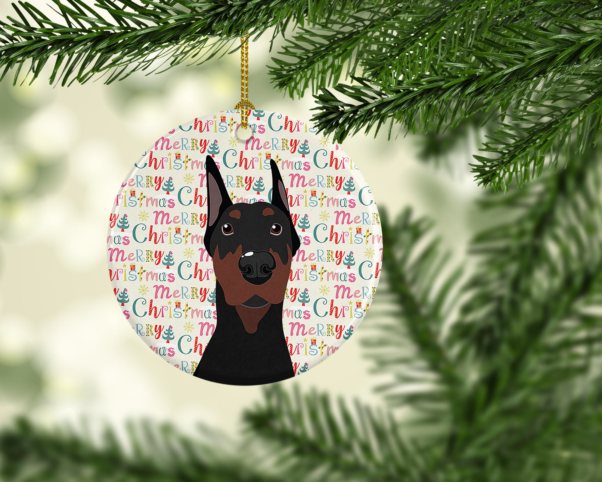 Doberman Pinscher Black Cropped Ears Christmas Ceramic Ornament - the-store.com