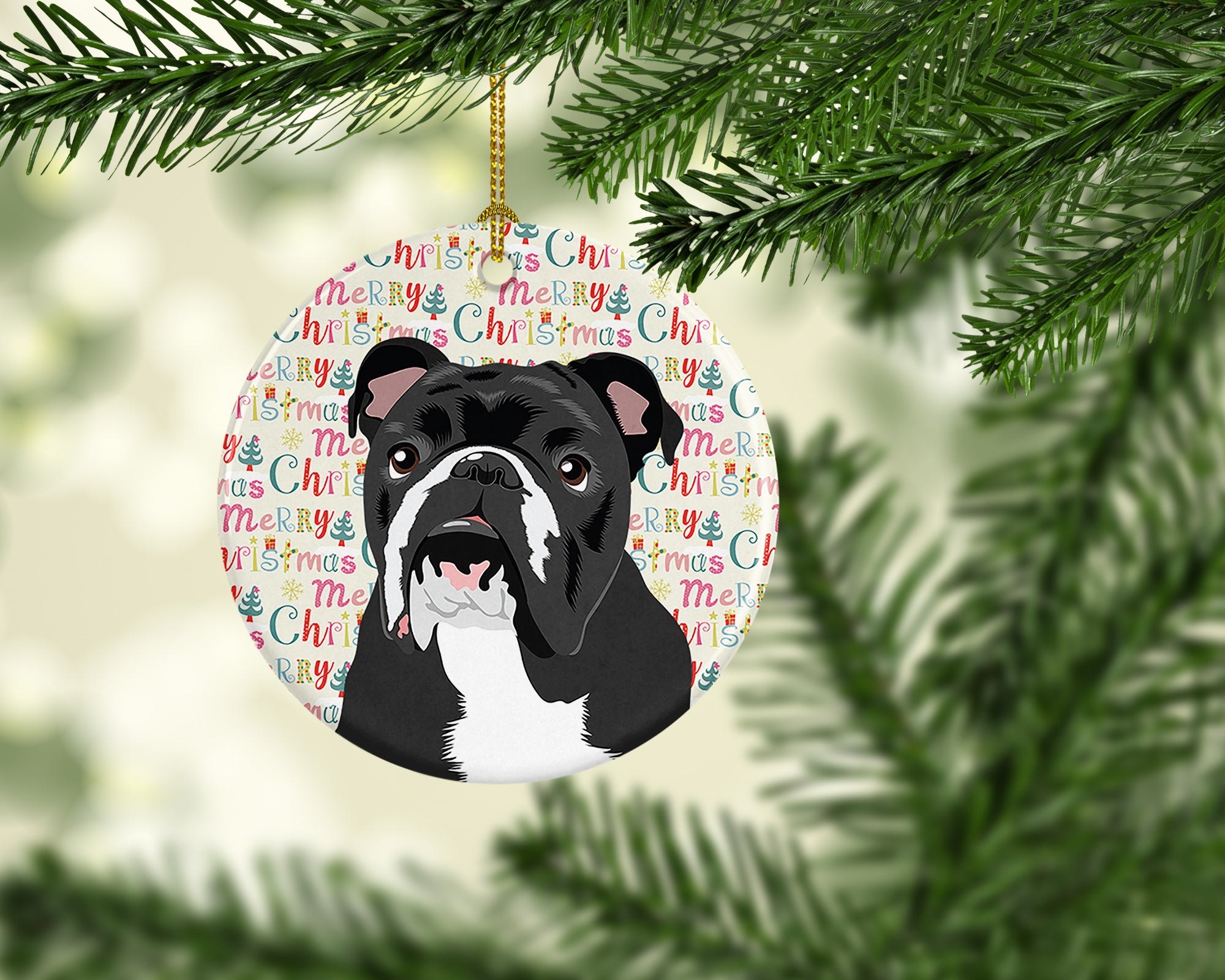 English Bulldog Black and White Christmas Ceramic Ornament - the-store.com