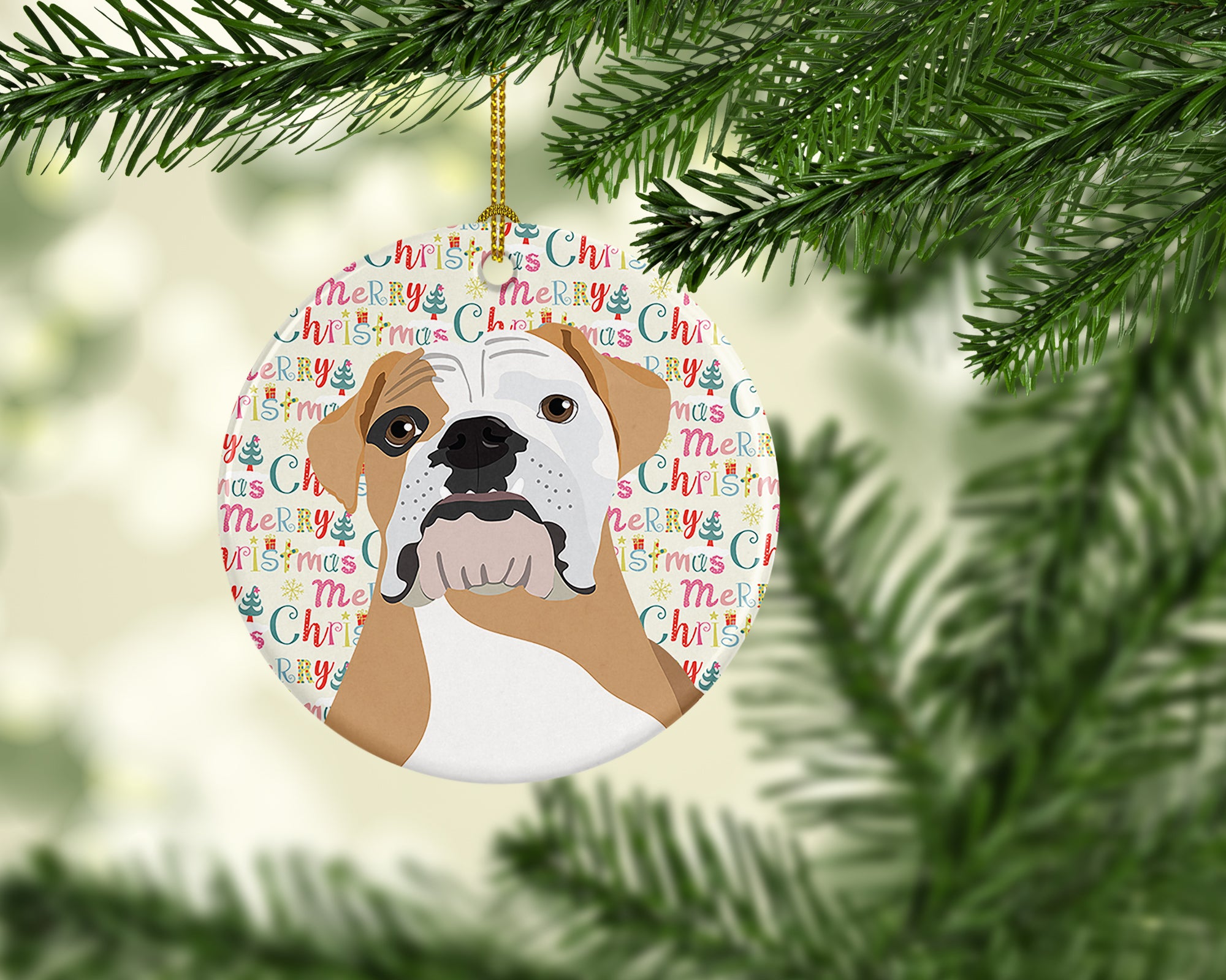 English Bulldog Fawn and White Christmas Ceramic Ornament - the-store.com