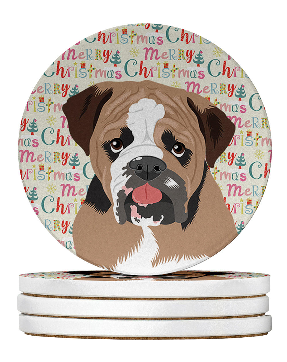 Buy this English Bulldog Tricolor #4 Christmas Large Sandstone Coasters Pack of 4