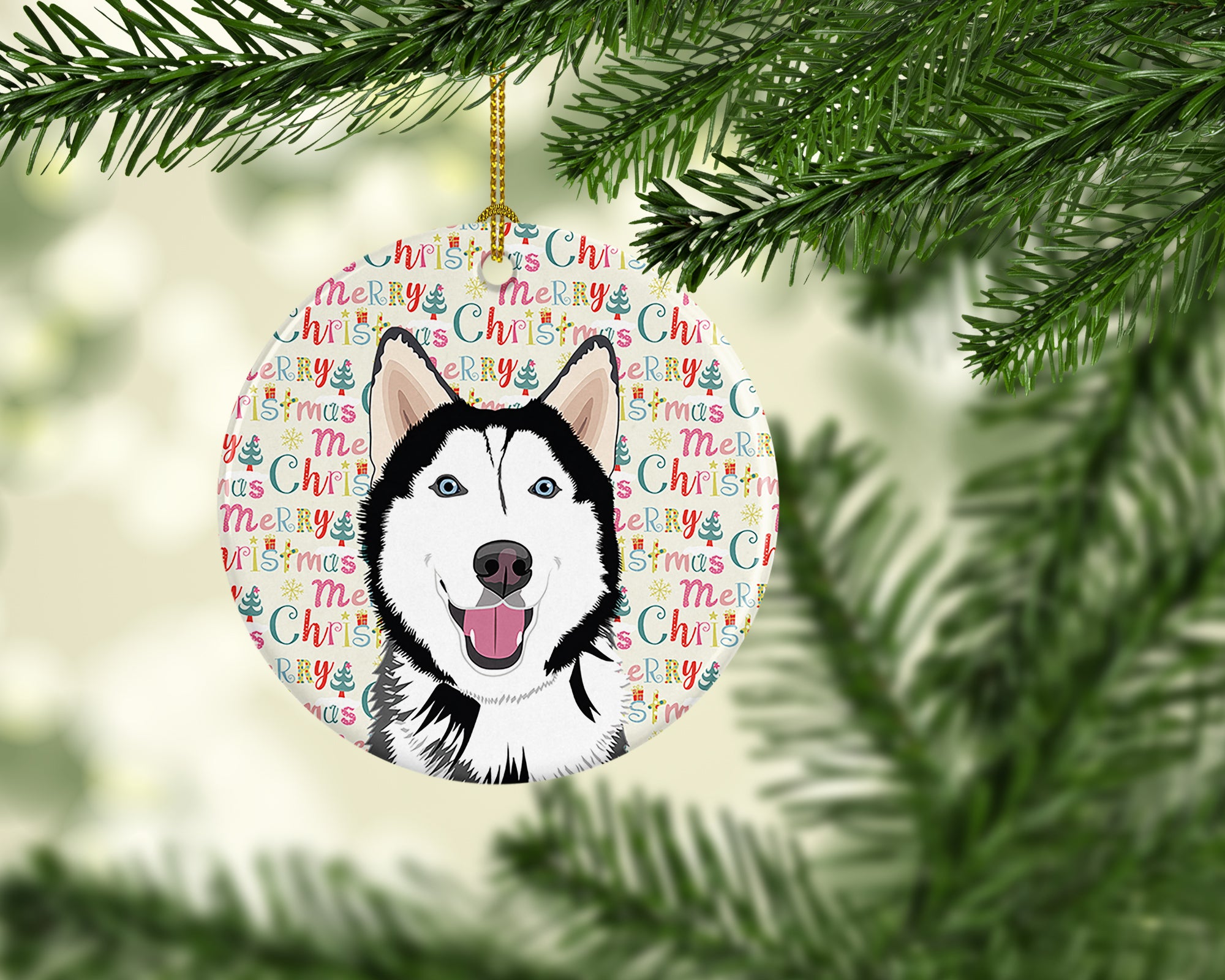 Buy this Siberian Husky Black and White #1 Christmas Ceramic Ornament