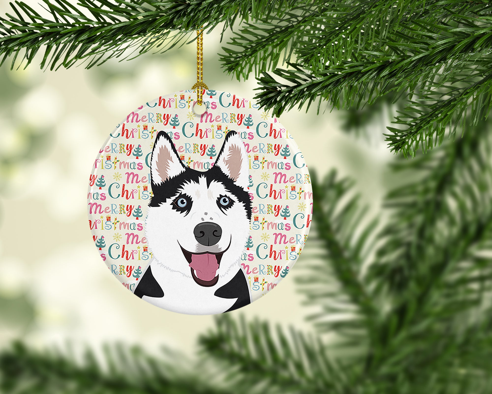 Siberian Husky Black and White #2 Christmas Ceramic Ornament - the-store.com