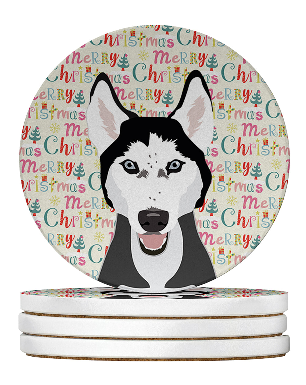 Buy this Siberian Husky Black and White #3 Christmas Large Sandstone Coasters Pack of 4