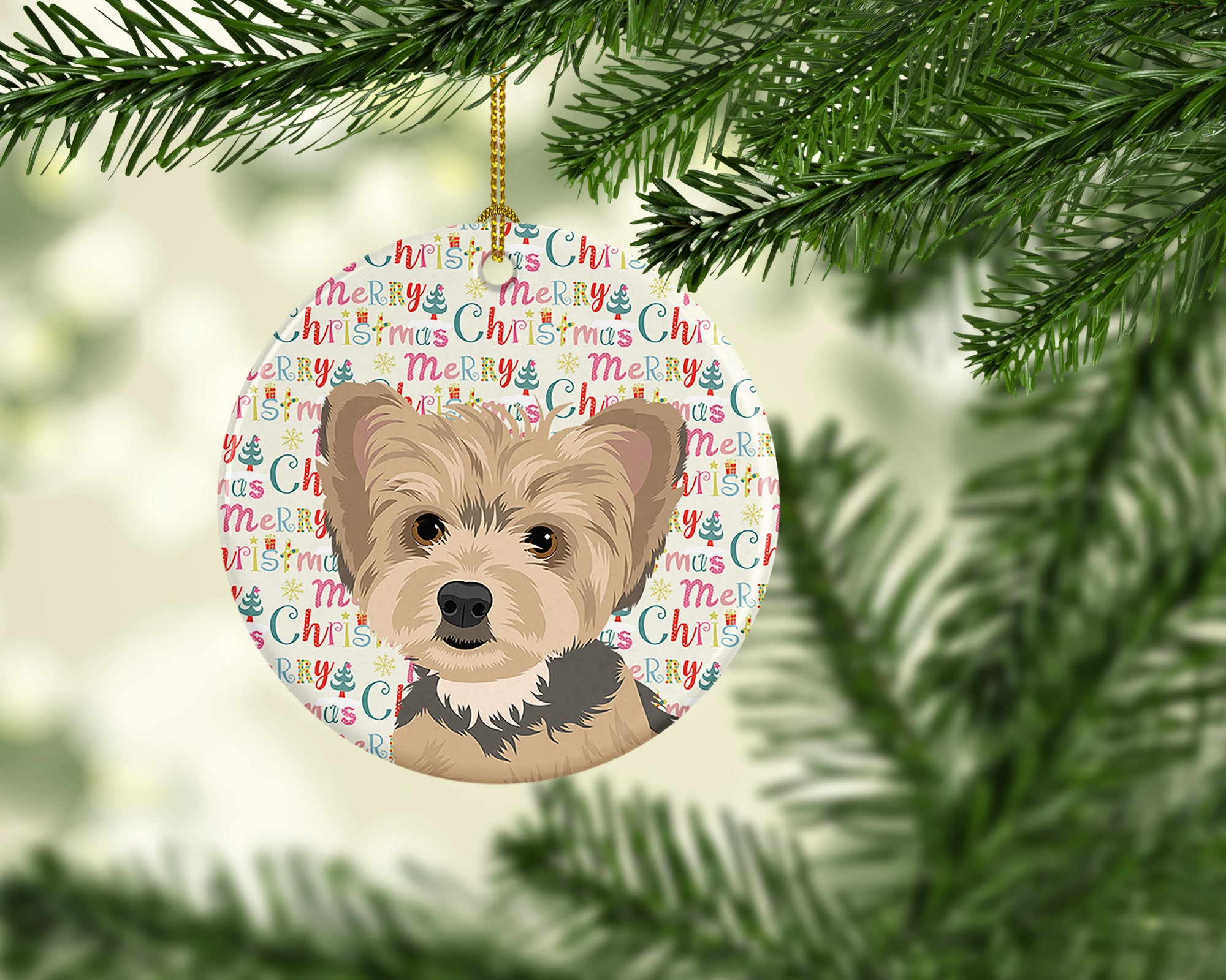 Yorkie Blue and Tan Puppy Christmas Ceramic Ornament - the-store.com