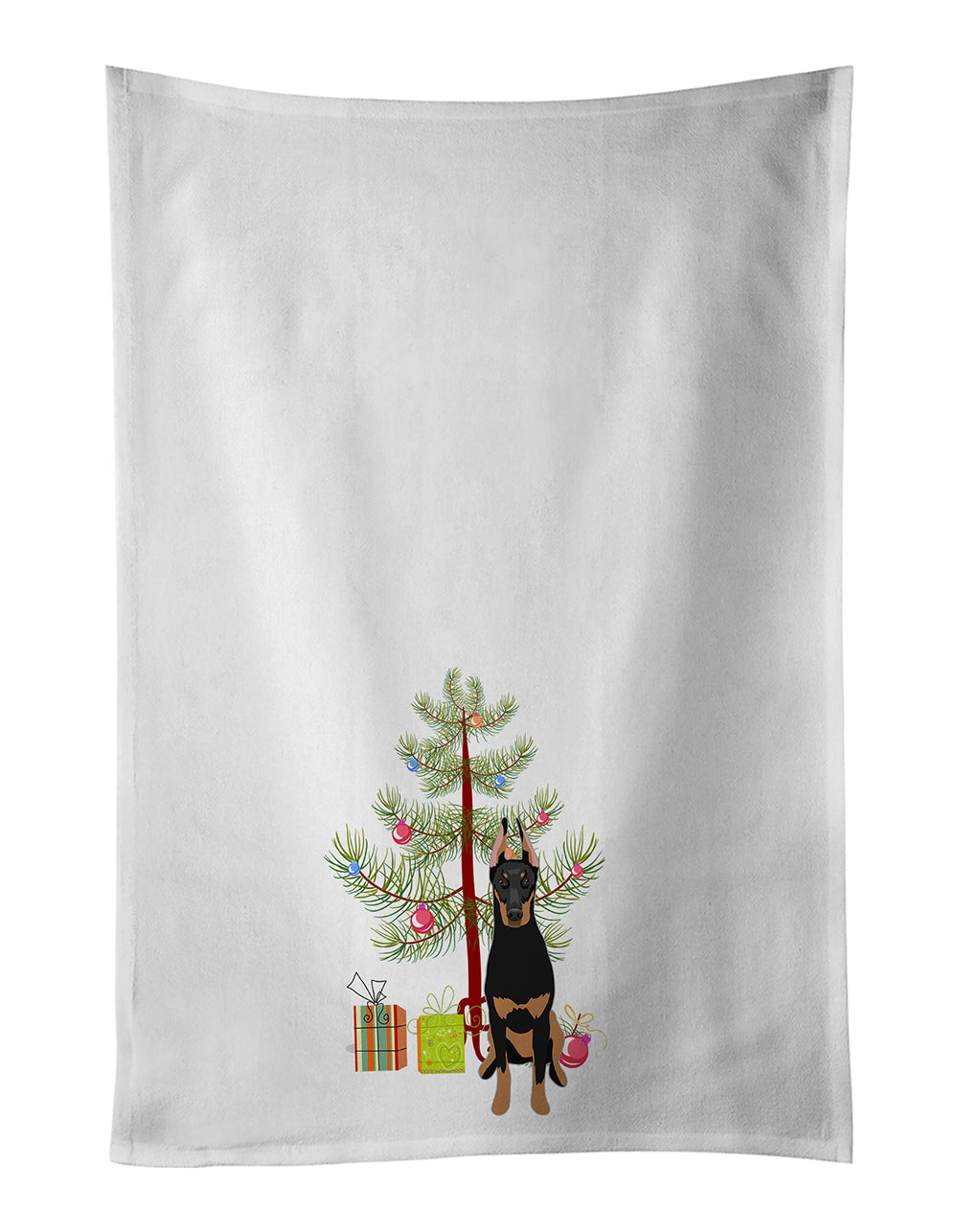 Buy this Doberman Pinscher Black and Rust Cropped Ears Christmas White Kitchen Towel Set of 2
