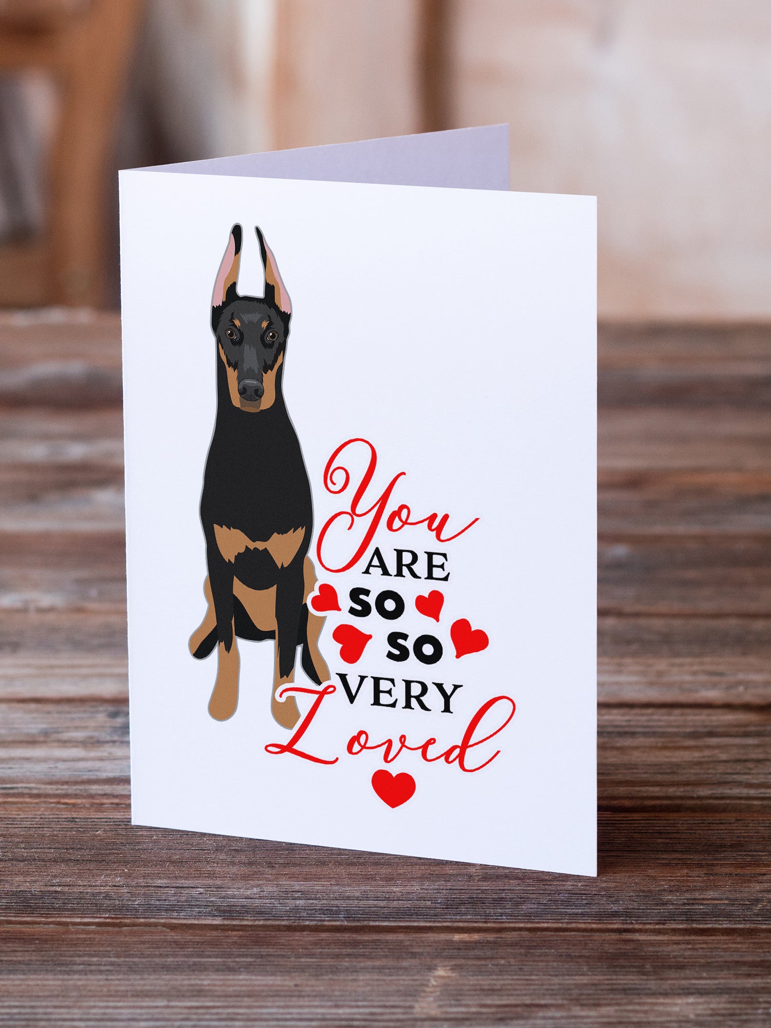 Buy this Doberman Pinscher Black and Rust Ears Cropped so Loved Greeting Cards and Envelopes Pack of 8