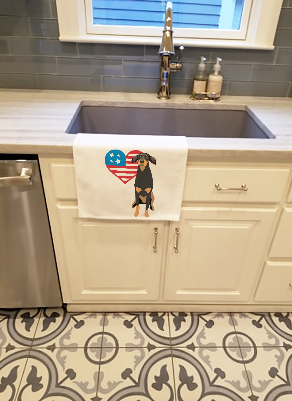 Doberman Pinscher Black and Rust Natural Ears #2 Patriotic White Kitchen Towel Set of 2 - the-store.com