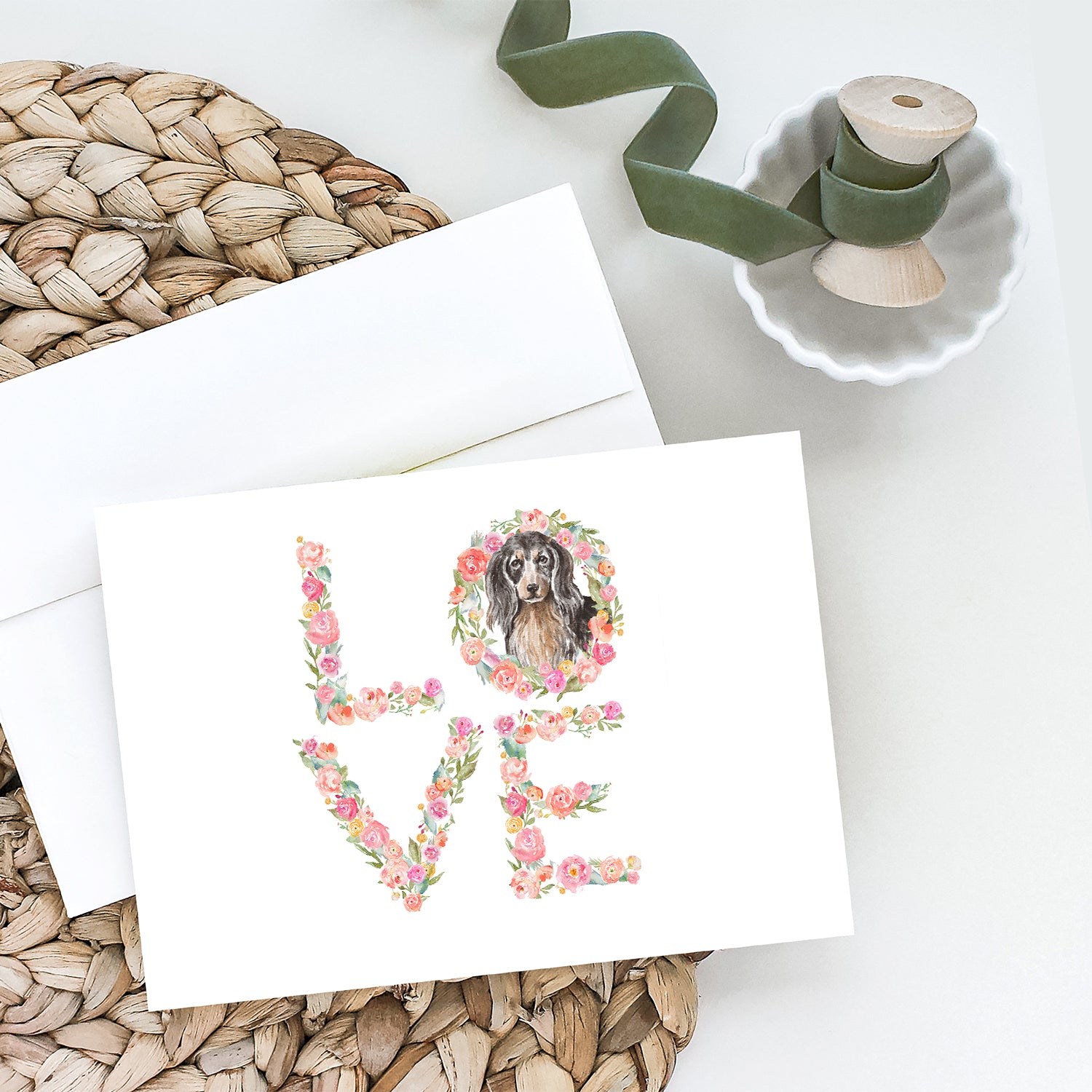 Dachshund Longhair Black Tan LOVE Greeting Cards and Envelopes Pack of 8 - the-store.com