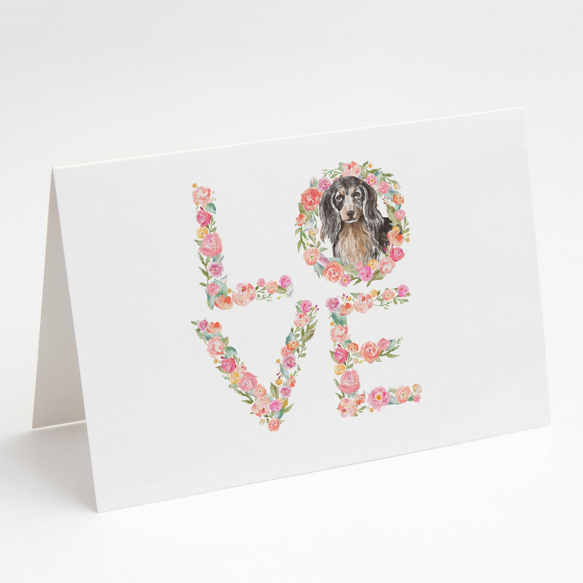 Caroline's Treasures Dachshund Longhair Black Tan LOVE Greeting Cards - Blank Note Cards – 8-Pack of Artist-Designed Cards with Envelopes