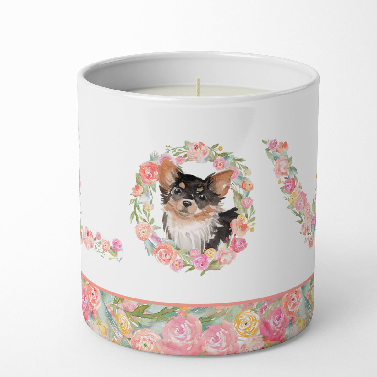 Buy this Black Tan Longhaired Chihuahua Love 10 oz Decorative Soy Candle