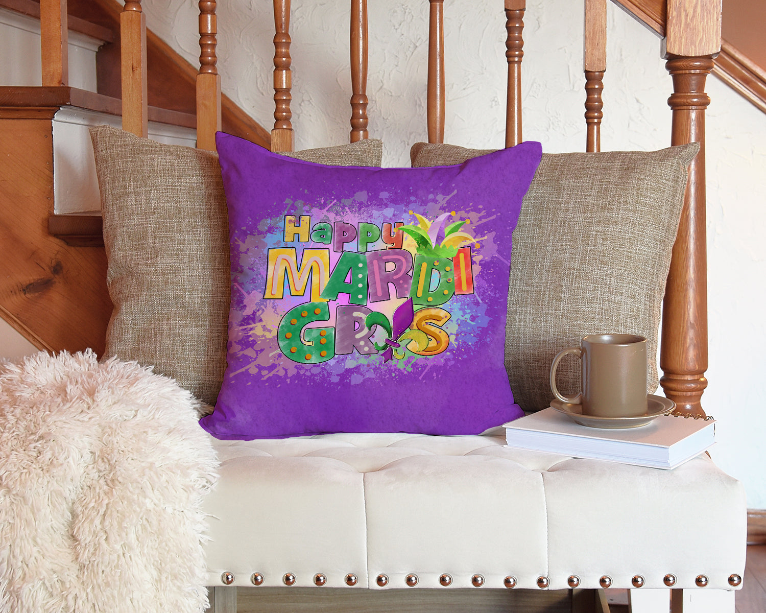 Happy Mardi Gras Fabric Decorative Pillow - the-store.com