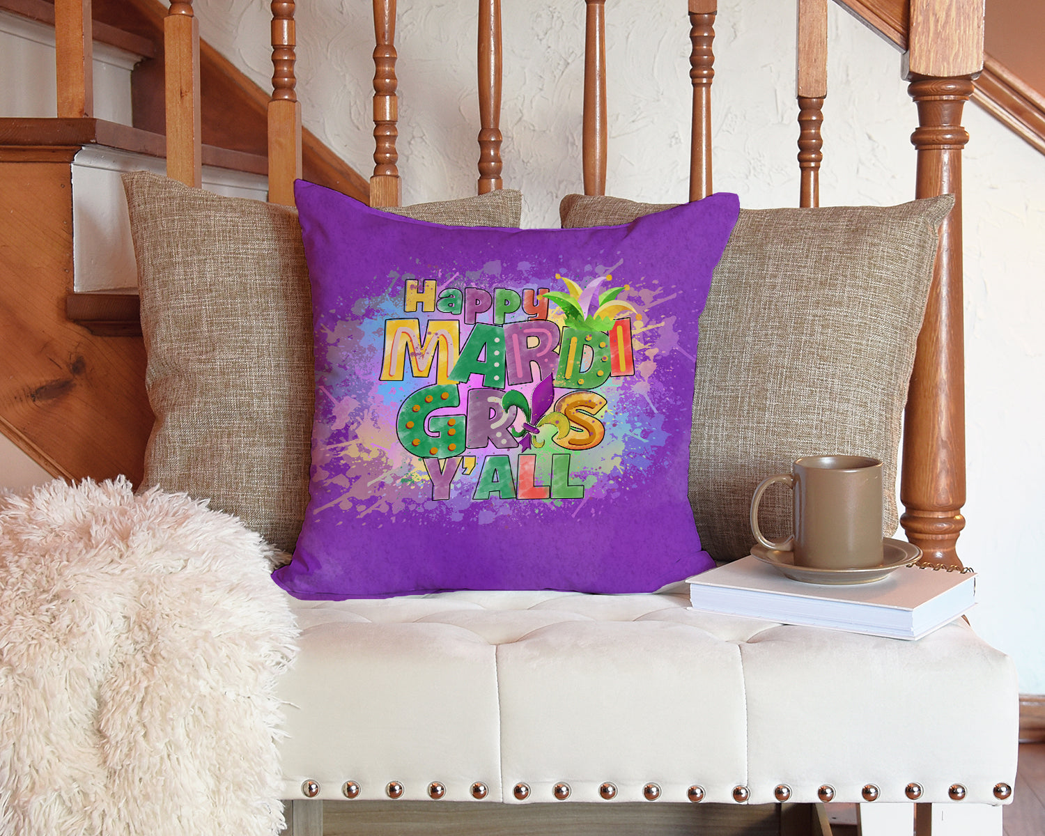 Happy Mardi Gras Y'all Fabric Decorative Pillow - the-store.com